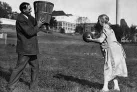 The first basketball hoop.